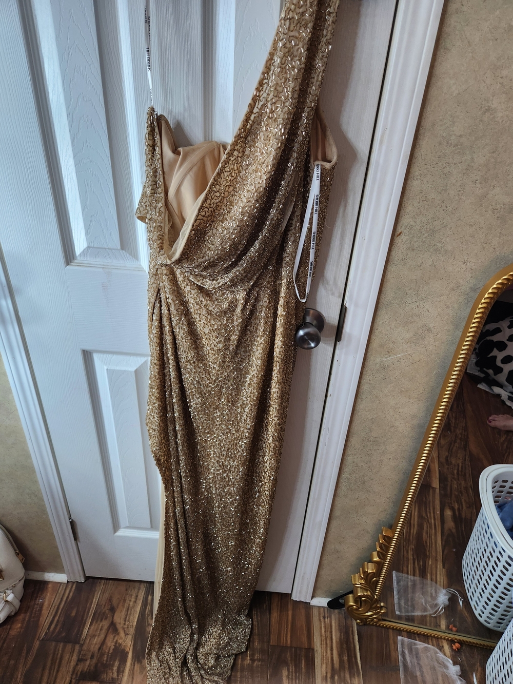 Gold Sequin Draped Evening Gown